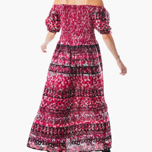 Pink peasant maxi dress short sleeve off shoulder boho summer floral tie dye - Picture 3 of 7